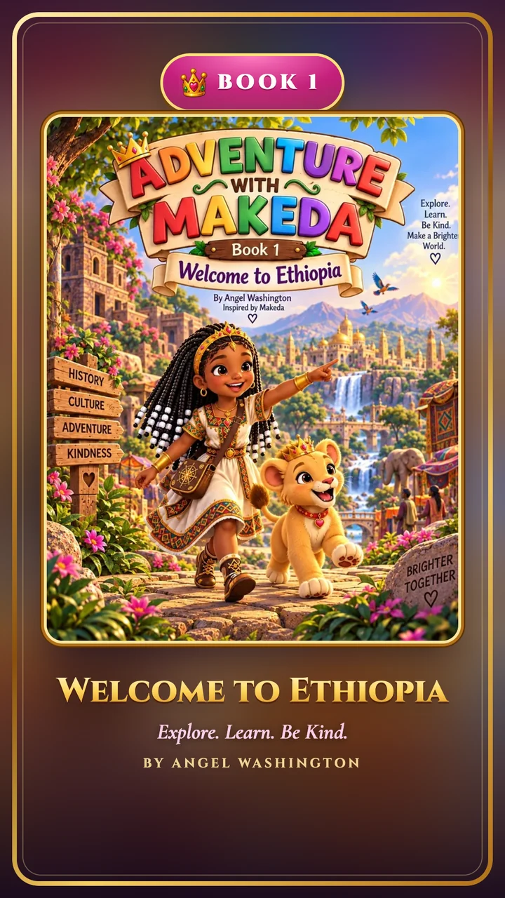 Book 1: Welcome to Ethiopia. Makeda points toward a golden city and waterfalls, walking beside Faith, her lion cub.