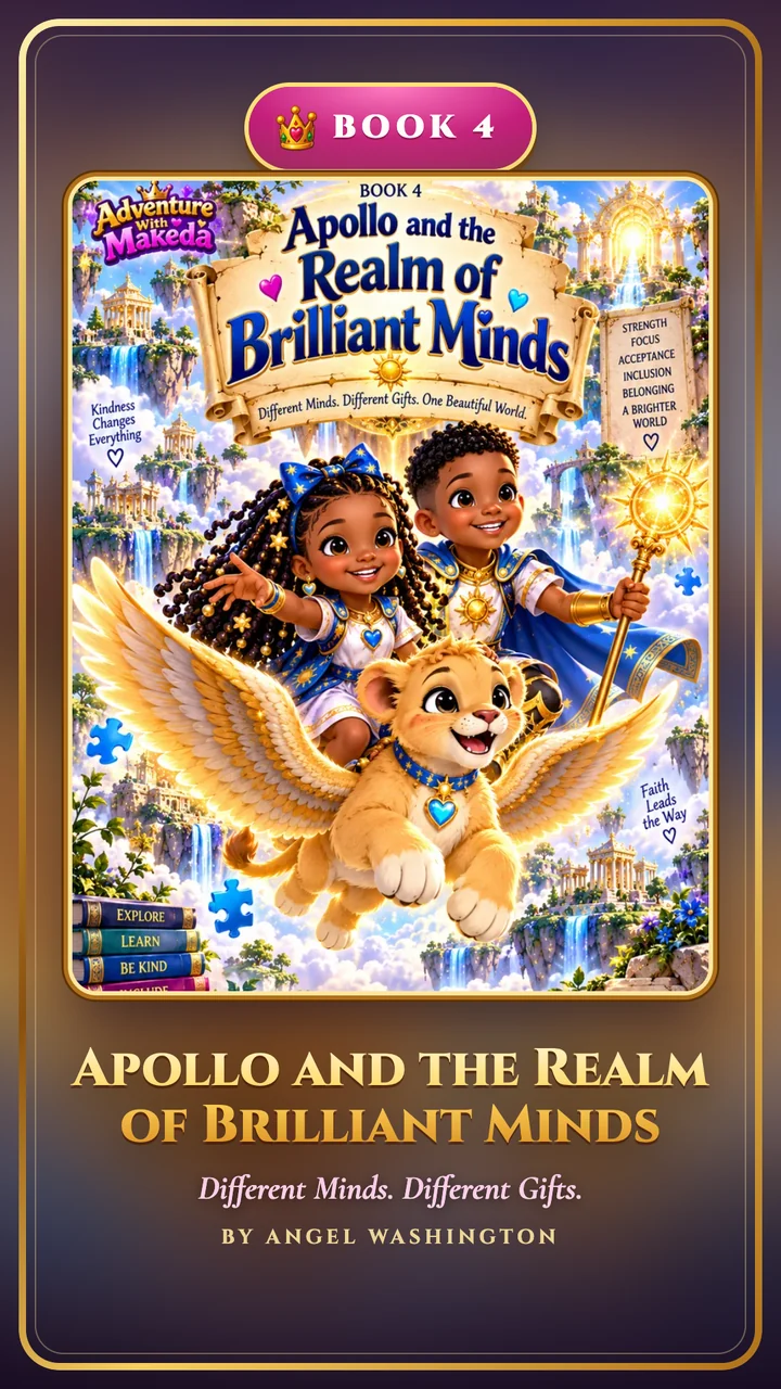 Book 4: Apollo and the Realm of Brilliant Minds. Makeda and her brother Apollo ride Faith, a winged lion cub, over floating islands.