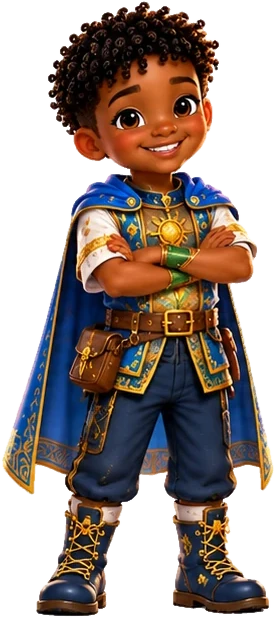 Apollo in a blue and gold explorer cape with arms crossed, smiling.