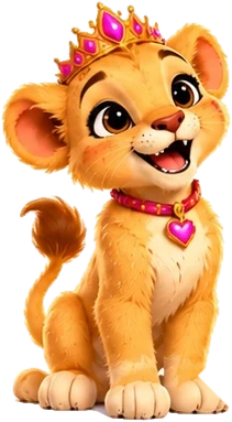 Faith, a golden lion cub wearing a pink jeweled crown and heart collar.