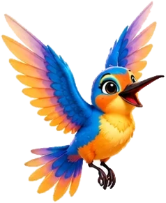 Kito, a colorful blue and orange bird, flying with wings spread.