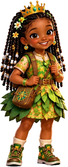 Makeda in a leaf skirt and adventure boots, wearing her golden crown and satchel.