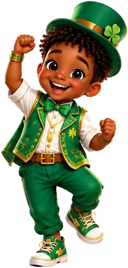 Milo in a green top hat, vest, and bow tie, dancing with a big grin.