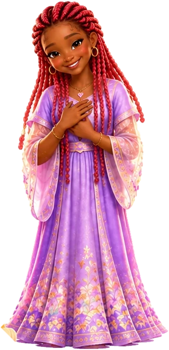 Auntie Rocky in a flowing lavender gown with long red braids, hands on her heart.