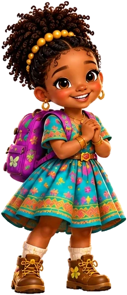 Sahara in a bright patterned dress and purple backpack, smiling with her hands clasped.